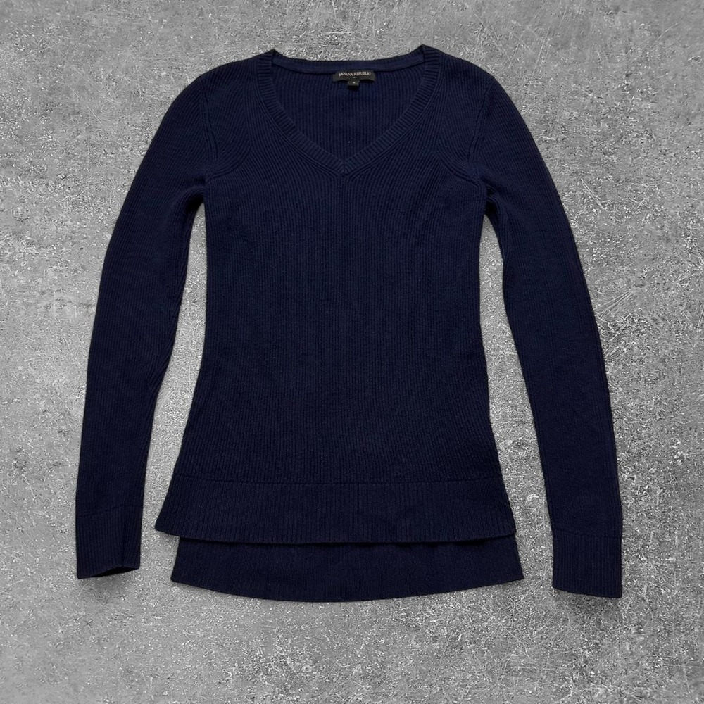 Banana Republic Navy Blue V-Neck Ribbed Knit Long Sleeve Top Small